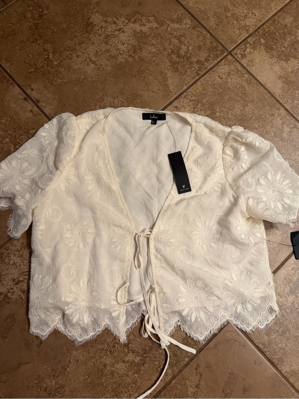 Lulu's Ivory Floral Embroidered Tie-Front Crop Top
